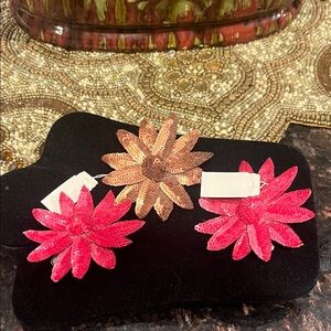 Set of Three Vintage Red & Brown Sequins Brooch or Hair Clips in a Floral Shape